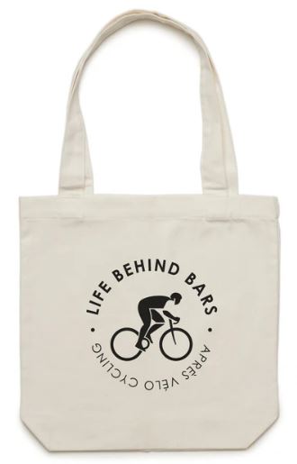 cream canvas shopping bag with cycling image and life behind bars written on the front